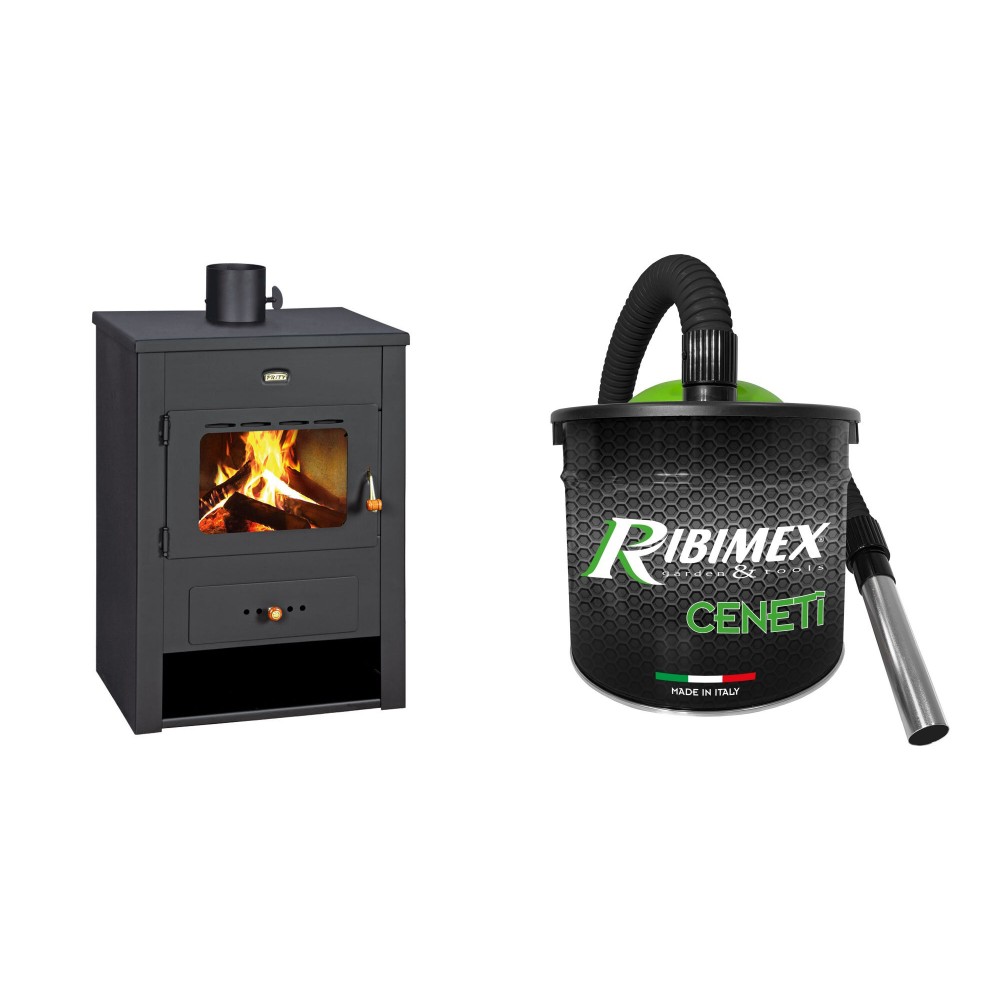 Set Kaminofen, Holzofen Prity, Modell K13, Leistung 12.1kW + Elektrischer Aschesauger Ribimex, Modell Cenetì, Fassungsvermögen 15 L