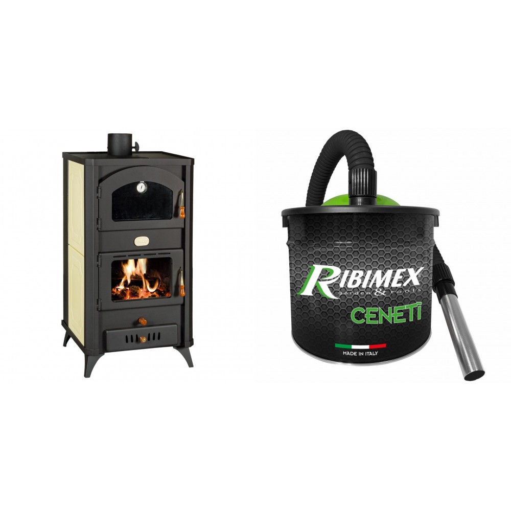 Set Kaminofen, Holzofen Wasserführend mit Backfach Prity, Modell FG W18 R, Leistung 23.4 kW + Elektrischer Aschesauger Ribimex, Modell Cenetì, Fassungsvermögen 15 L | Kaminofen Prity | Prity |
