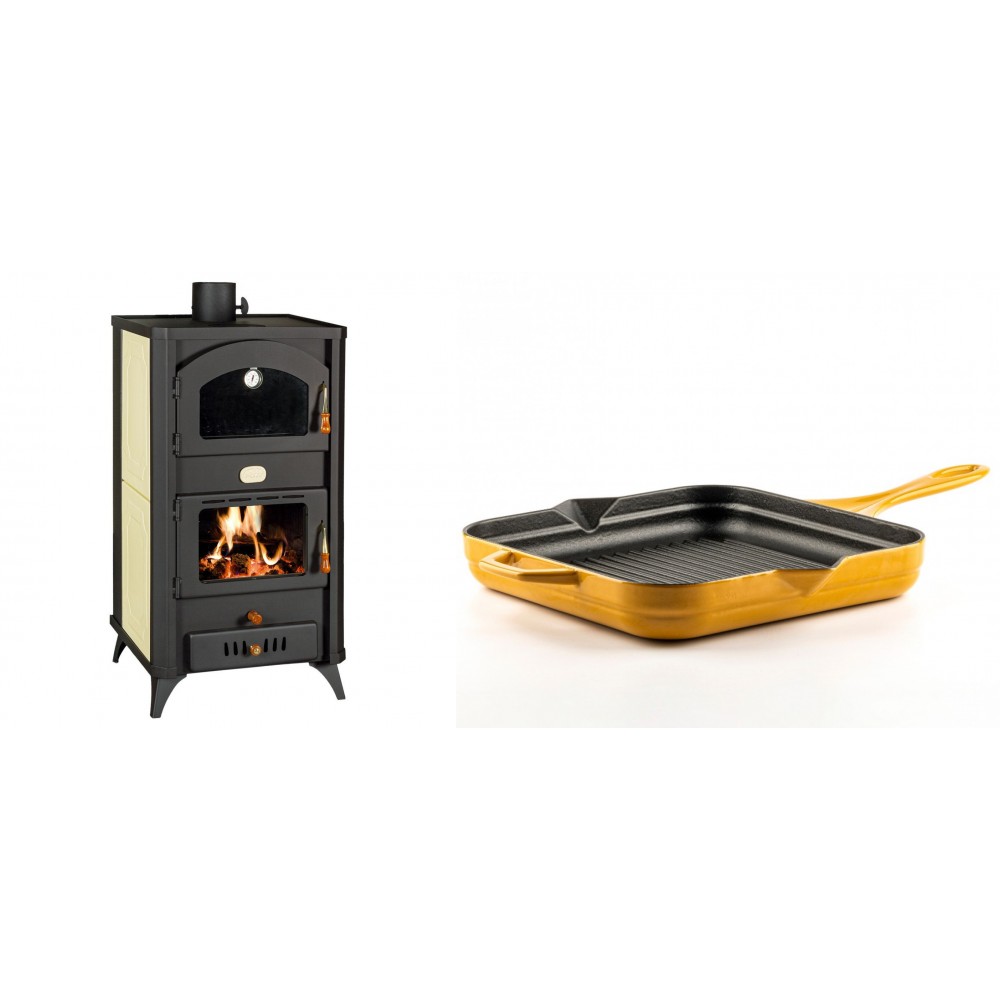 Set Kaminofen, Holzofen Wasserführend mit Backfach Prity, Modell FG W18 R, Leistung 23.4 kW + Emaillierte grillpfanne Gusseisen Solagio, Dijon, 28х28cm