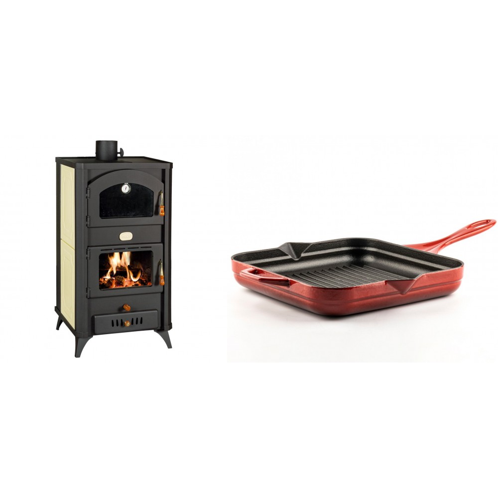 Set Kaminofen, Holzofen Wasserführend mit Backfach Prity, Modell FG W18 R, Leistung 23.4 kW + Emaillierte grillpfanne Gusseisen Solagio, Rubin, 28x28cm