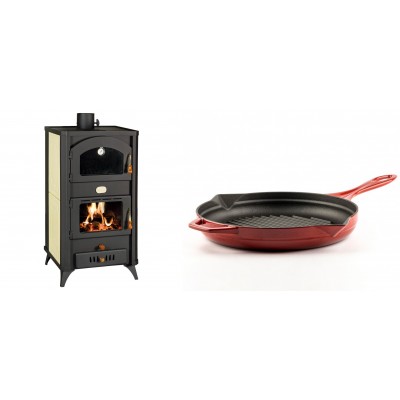 Set Kaminofen, Holzofen Wasserführend mit Backfach Prity, Modell FG W18 R, Leistung 23.4 kW + Emaillierte grillpfanne Gusseisen Solagio, Rubin, Ф28cm - Kaminofen - Holzofen mit Backfach
