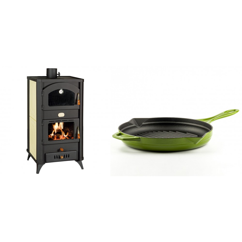 Set Kaminofen, Holzofen Wasserführend mit Backfach Prity, Modell FG W18 R, Leistung 23.4 kW + Emaillierte grillpfanne Gusseisen Solagio, Bamboo, Ф28cm | Wasserführender Kaminofen | Kaminofen |
