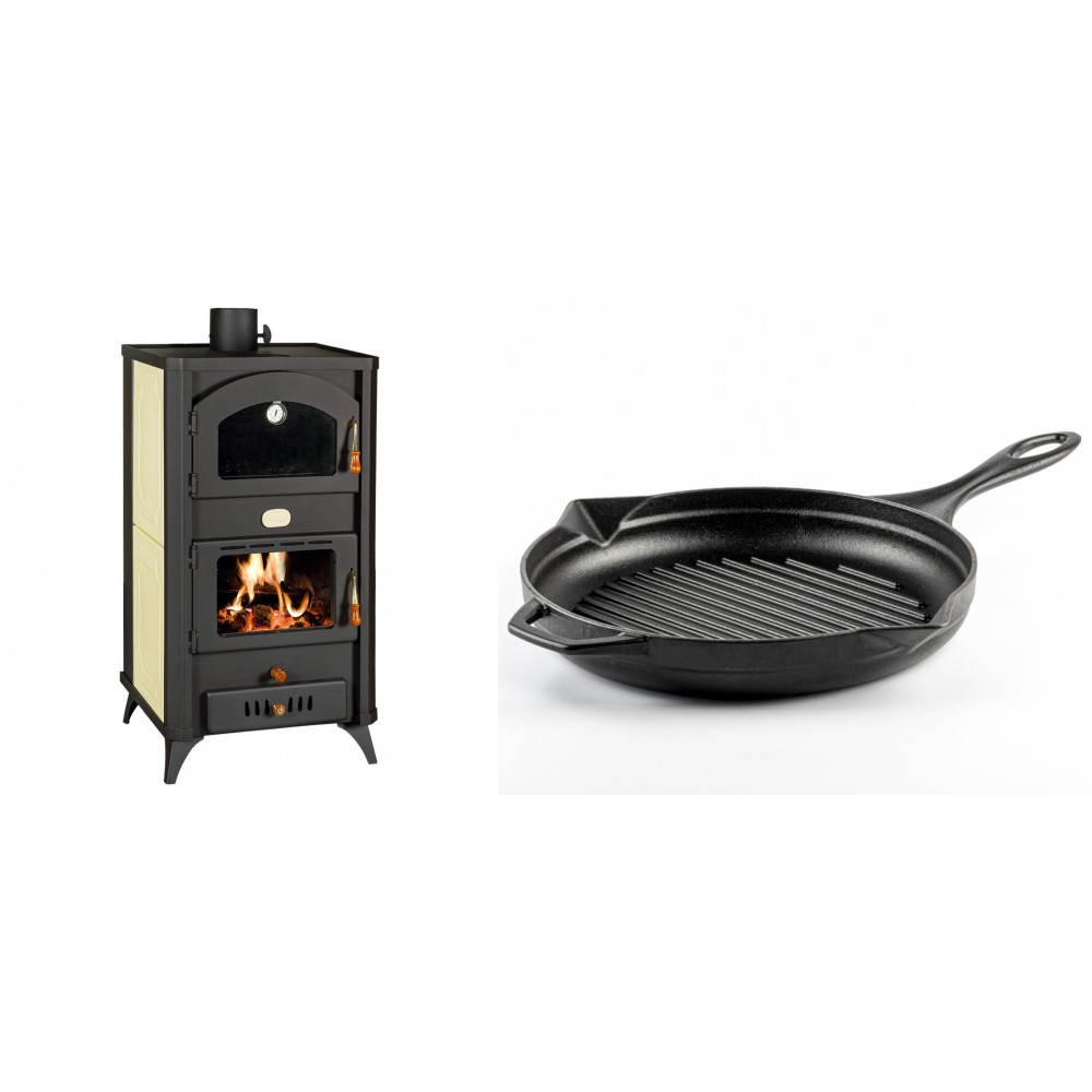Set Kaminofen, Holzofen Wasserführend mit Backfach Prity, Modell FG W18 R, Leistung 23.4 kW + Emaillierte grillpfanne Gusseisen Solagio, Black Onyx, Ф28cm | Wasserführender Kaminofen | Kaminofen |