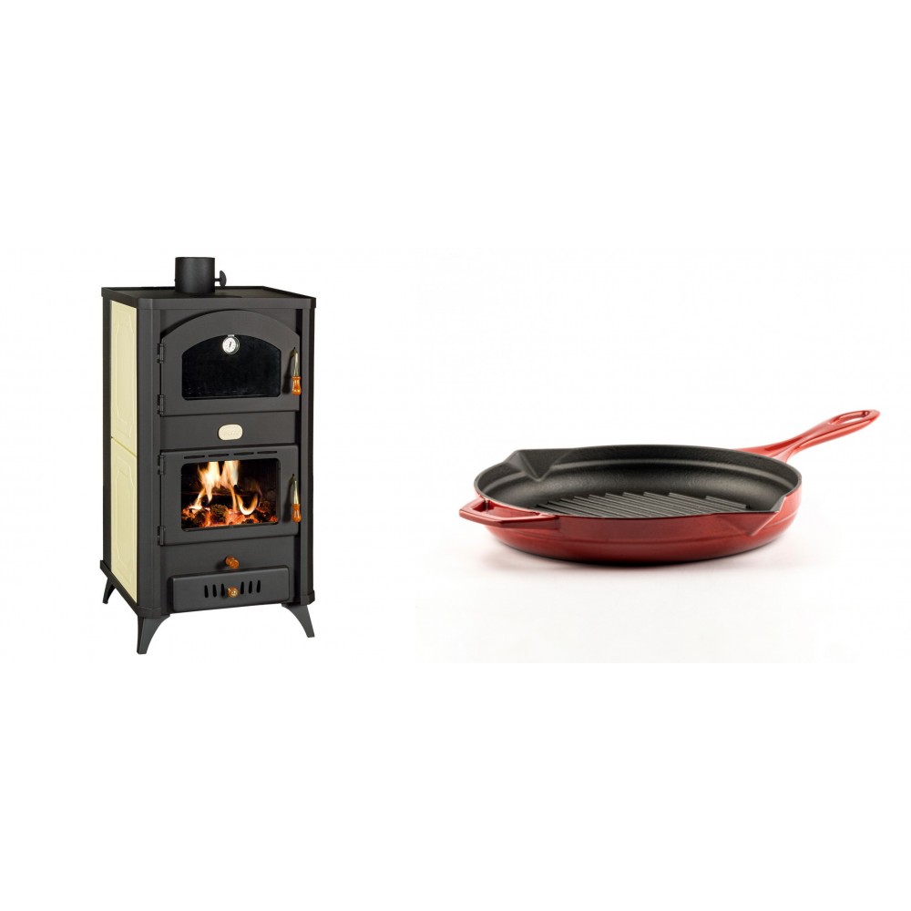 Set Kaminofen, Holzofen Wasserführend mit Backfach Prity, Modell FG W18 R, Leistung 23.4 kW + Emaillierte grillpfanne Gusseisen Solagio, Rubin, Ф24cm