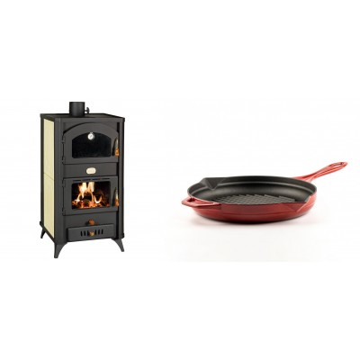 Set Kaminofen, Holzofen Wasserführend mit Backfach Prity, Modell FG W18 R, Leistung 23.4 kW + Emaillierte grillpfanne Gusseisen Solagio, Rubin, Ф24cm - Kaminofen - Holzofen mit Backfach