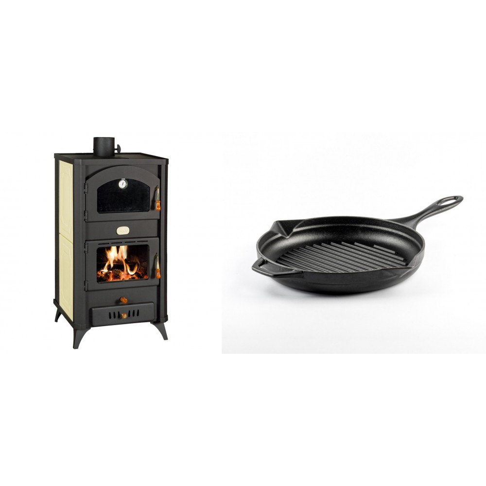 Set Kaminofen, Holzofen Wasserführend mit Backfach Prity, Modell FG W18 R, Leistung 23.4 kW + Emaillierte grillpfanne Gusseisen Solagio, Black Onyx, Ф24cm