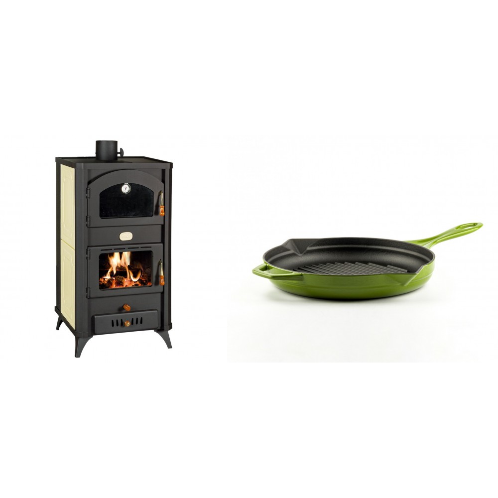 Set Kaminofen, Holzofen Wasserführend mit Backfach Prity, Modell FG W18 R, Leistung 23.4 kW + Emaillierte grillpfanne Gusseisen Solagio, Bamboo, Ф24cm | Wasserführender Kaminofen | Kaminofen |