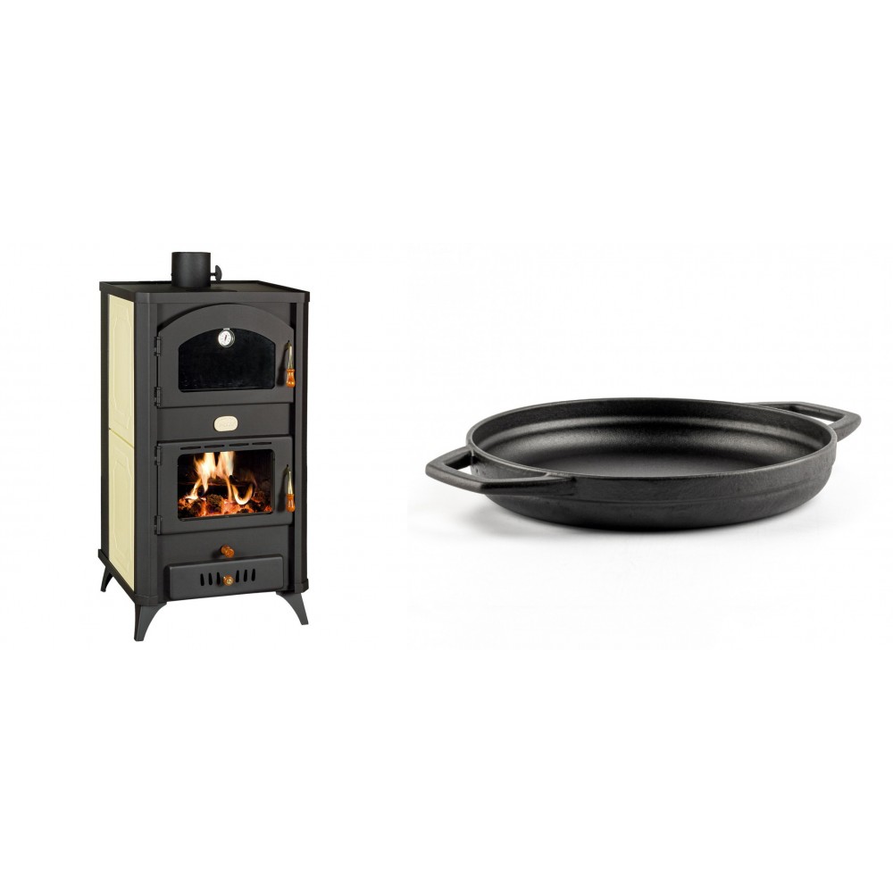 Set Kaminofen, Holzofen Wasserführend mit Backfach Prity, Modell FG W18 R, Leistung 23.4 kW + Emaillierte gusseisenpfanne mit zwei Griffen Solagio, Black Onyx, Ф22cm