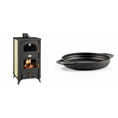Set Kaminofen, Holzofen Wasserführend mit Backfach Prity, Modell FG W18 R, Leistung 23.4 kW + Emaillierte gusseisenpfanne mit zwei Griffen Solagio, Black Onyx, Ф22cm - Kaminofen - Holzofen mit Backfach