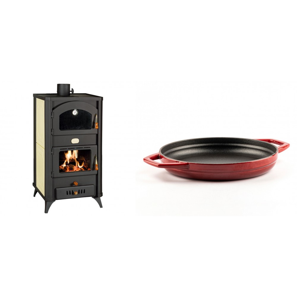 Set Kaminofen, Holzofen Wasserführend mit Backfach Prity, Modell FG W18 R, Leistung 23.4 kW + Emaillierte gusseisenpfanne mit zwei Griffen Solagio, Rubin, Ф22cm | Wasserführender Kaminofen | Kaminofen |