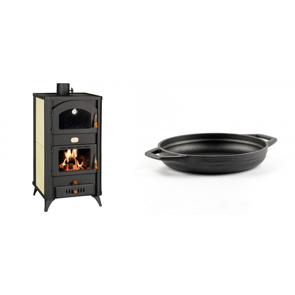 Set Kaminofen, Holzofen Wasserführend mit Backfach Prity, Modell FG W18 R, Leistung 23.4 kW + Emaillierte gusseisenpfanne mit zwei Griffen Solagio, Black Onyx, Ф19cm | Wasserführender Kaminofen | Kaminofen |