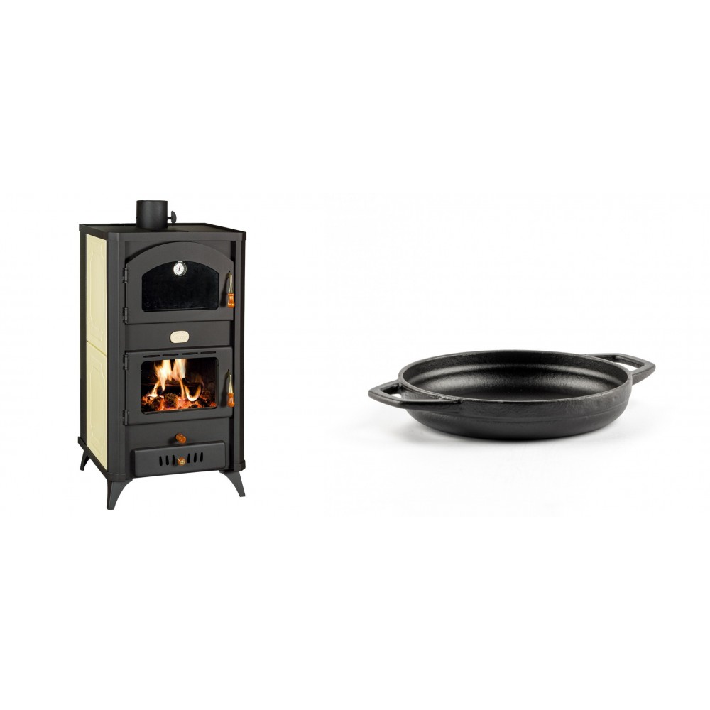 Set Kaminofen, Holzofen Wasserführend mit Backfach Prity, Modell FG W18 R, Leistung 23.4 kW + Emaillierte gusseisenpfanne mit zwei Griffen Solagio, Black Onyx, Ф16cm | Wasserführender Kaminofen | Kaminofen |