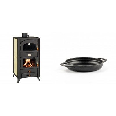 Set Kaminofen, Holzofen Wasserführend mit Backfach Prity, Modell FG W18 R, Leistung 23.4 kW + Emaillierte gusseisenpfanne mit zwei Griffen Solagio, Black Onyx, Ф16cm - Kaminofen - Holzofen mit Backfach