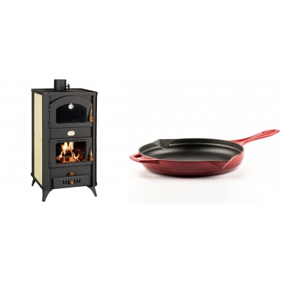 Set Kaminofen, Holzofen Wasserführend mit Backfach Prity, Modell FG W18 R, Leistung 23.4 kW + Emaillierte Gusseisenpfanne Solagio, Rubin, Ф28cm - Kaminofen - Holzofen mit Backfach