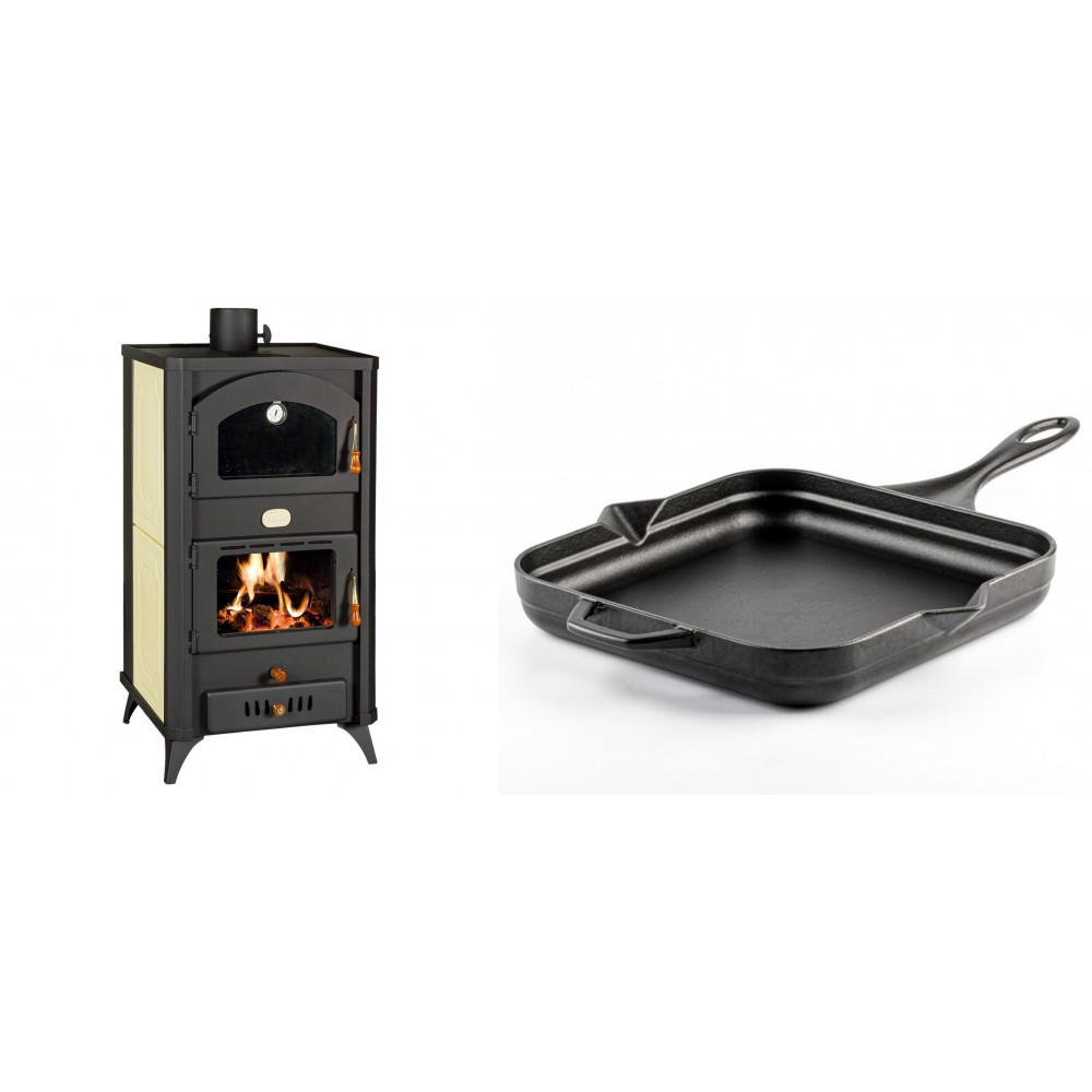 Set Kaminofen, Holzofen Wasserführend mit Backfach Prity, Modell FG W18 R, Leistung 23.4 kW + Emaillierte Gusseisenpfanne Solagio, Black Onyx, 28x28cm | Wasserführender Kaminofen | Kaminofen |