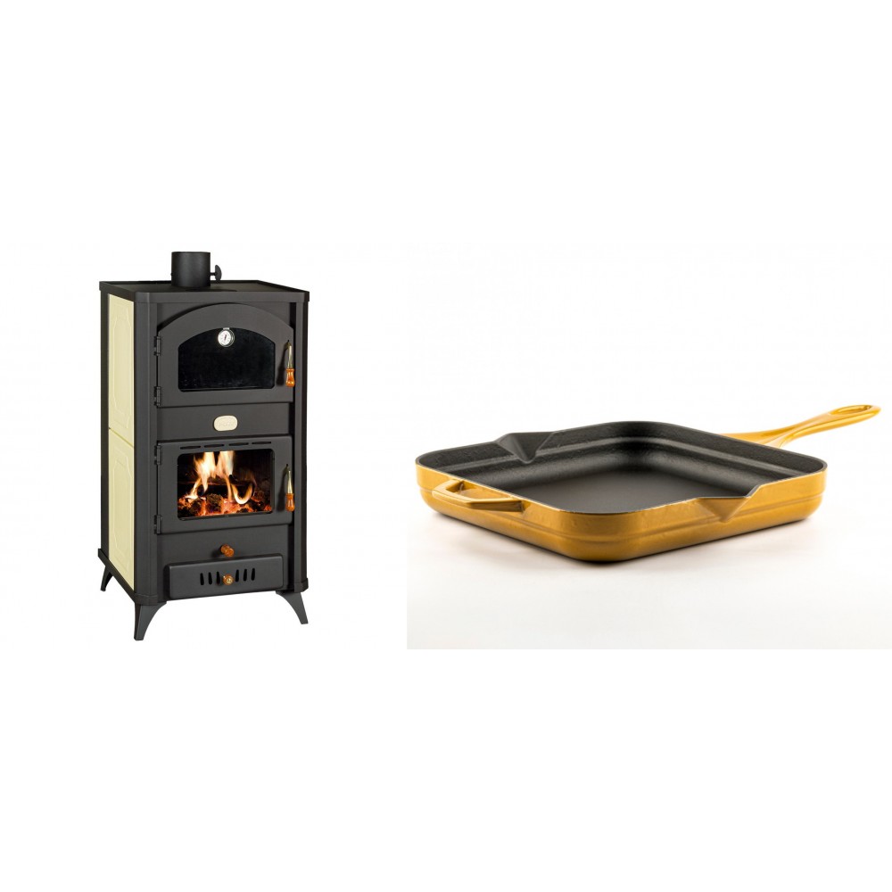 Set Kaminofen, Holzofen Wasserführend mit Backfach Prity, Modell FG W18 R, Leistung 23.4 kW + Emaillierte Gusseisenpfanne Solagio, Dijon, 28x28cm