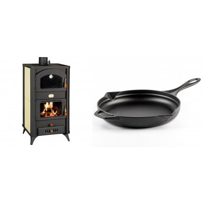 Set Kaminofen, Holzofen Wasserführend mit Backfach Prity, Modell FG W18 R, Leistung 23.4 kW + Emaillierte Gusseisenpfanne Solagio, Black Onyx, Ф28cm - Kaminofen - Holzofen mit Backfach