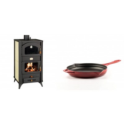 Set Kaminofen, Holzofen Wasserführend mit Backfach Prity, Modell FG W18 R, Leistung 23.4 kW + Emaillierte Gusseisenpfanne Solagio, Rubin, Ф24cm - Kaminofen - Holzofen mit Backfach