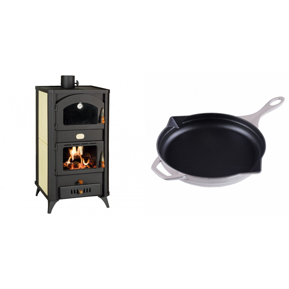 Set Kaminofen, Holzofen Wasserführend mit Backfach Prity, Modell FG W18 R, Leistung 23.4 kW + Emaillierte Gusseisenpfanne Solagio, Ivory, Ф28cm