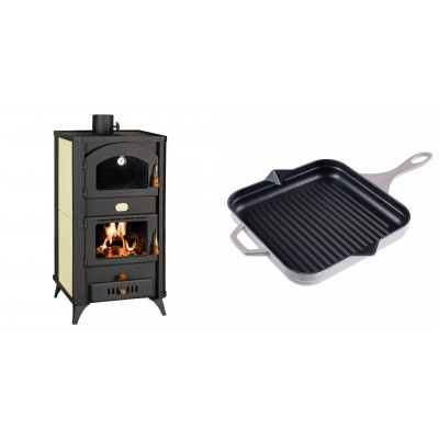 Set Kaminofen, Holzofen Wasserführend mit Backfach Prity, Modell FG W18 R, Leistung 23.4 kW + Emaillierte grillpfanne Gusseisen Solagio, Ivory, 28x28cm - Kaminofen - Holzofen mit Backfach