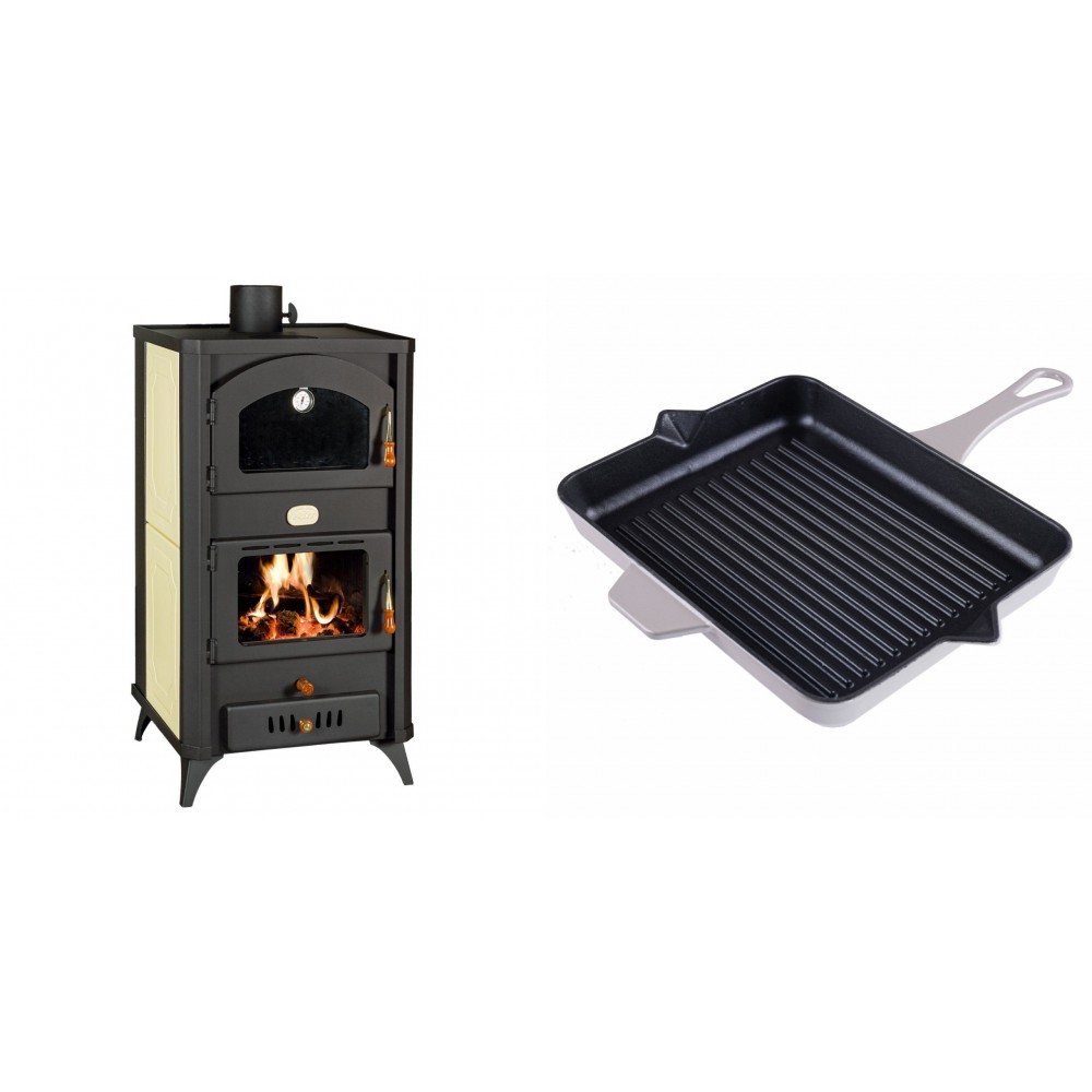 Set Kaminofen, Holzofen Wasserführend mit Backfach Prity, Modell FG W18 R, Leistung 23.4 kW + Emaillierte grillpfanne Gusseisen Solagio, Ivory, 26x32cm