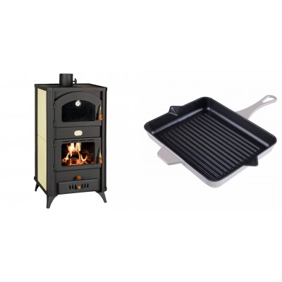 Set Kaminofen, Holzofen Wasserführend mit Backfach Prity, Modell FG W18 R, Leistung 23.4 kW + Emaillierte grillpfanne Gusseisen Solagio, Ivory, 26x32cm - Kaminofen - Holzofen mit Backfach