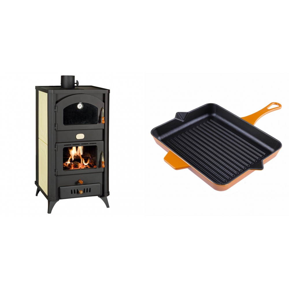 Set Kaminofen, Holzofen Wasserführend mit Backfach Prity, Modell FG W18 R, Leistung 23.4 kW + Emaillierte grillpfanne Gusseisen Solagio, Dijon, 26x32cm
