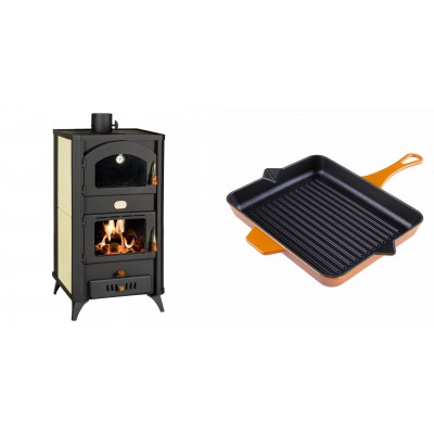 Set Kaminofen, Holzofen Wasserführend mit Backfach Prity, Modell FG W18 R, Leistung 23.4 kW + Emaillierte grillpfanne Gusseisen Solagio, Dijon, 26x32cm - Kaminofen - Holzofen mit Backfach