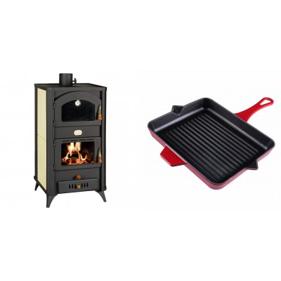Set Kaminofen, Holzofen Wasserführend mit Backfach Prity, Modell FG W18 R, Leistung 23.4 kW + Emaillierte grillpfanne Gusseisen Solagio, Rubin, 26x32cm - Kaminofen - Holzofen mit Backfach