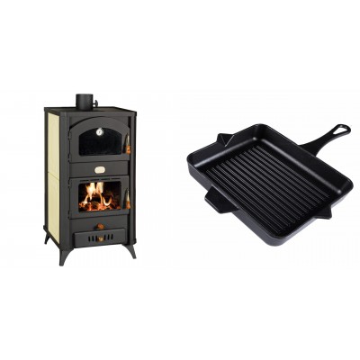 Set Kaminofen, Holzofen Wasserführend mit Backfach Prity, Modell FG W18 R, Leistung 23.4 kW + Emaillierte grillpfanne Gusseisen Solagio, Black Onyx, 26x32cm - Kaminofen - Holzofen mit Backfach