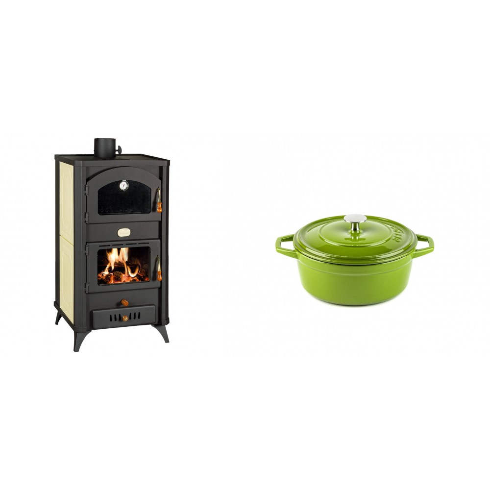 Set Kaminofen, Holzofen Wasserführend mit Backfach Prity, Modell FG W18 R, Leistung 23.4 kW + Gusseisen Topf Tiefer Solagio, Bamboo, Ф12 | Wasserführender Kaminofen | Kaminofen |