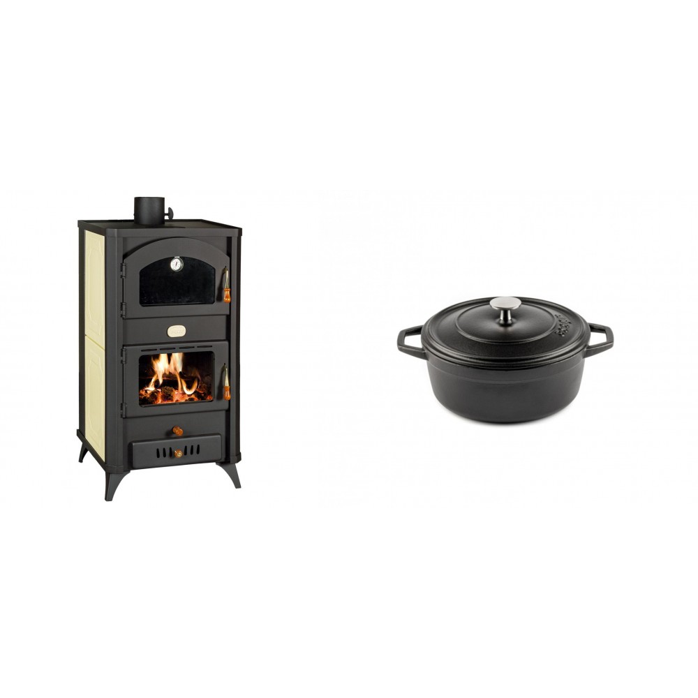 Set Kaminofen, Holzofen Wasserführend mit Backfach Prity, Modell FG W18 R, Leistung 23.4 kW + Gusseisen Topf Tiefer Solagio, Black Onyx, Ф12 | Wasserführender Kaminofen | Kaminofen |
