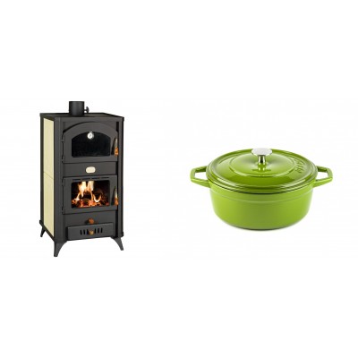 Set Kaminofen, Holzofen Wasserführend mit Backfach Prity, Modell FG W18 R, Leistung 23.4 kW + Gusseisen Topf Tiefer Solagio, Bamboo, Ф20 - Kaminofen - Holzofen mit Backfach