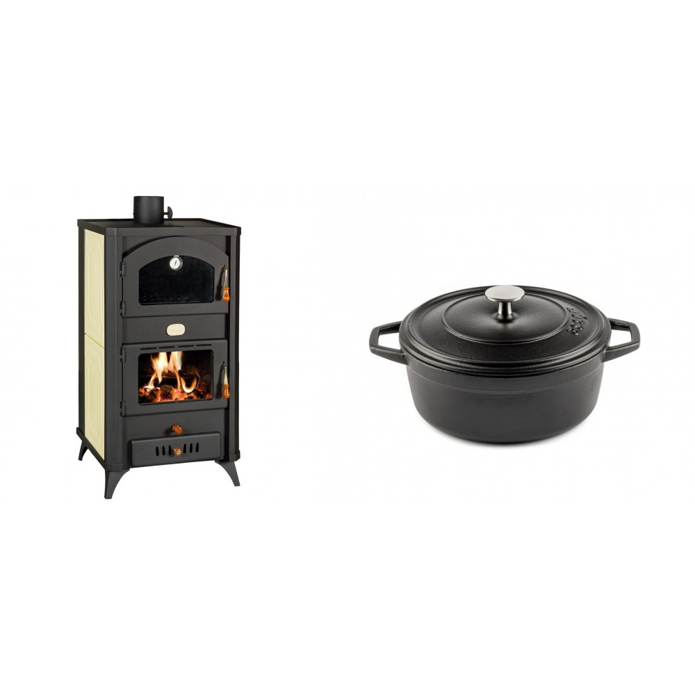 Set Kaminofen, Holzofen Wasserführend mit Backfach Prity, Modell FG W18 R, Leistung 23.4 kW + Gusseisen Topf Tiefer Solagio, Black Onyx, Ф20 | Wasserführender Kaminofen | Kaminofen |