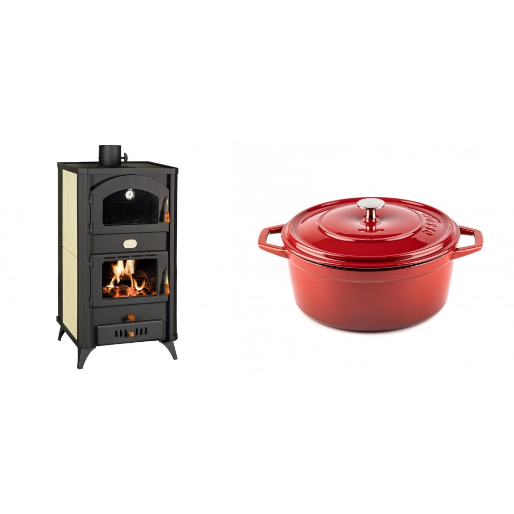 Set Kaminofen, Holzofen Wasserführend mit Backfach Prity, Modell FG W18 R, Leistung 23.4 kW + Gusseisen Topf Tiefer Solagio, Rubin, Ф24