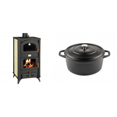 Set Kaminofen, Holzofen Wasserführend mit Backfach Prity, Modell FG W18 R, Leistung 23.4 kW + Gusseisen Topf Tiefer Solagio, Black Onyx, Ф24 - Kaminofen - Holzofen mit Backfach