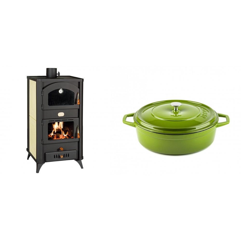 Set Kaminofen, Holzofen Wasserführend mit Backfach Prity, Modell FG W18 R, Leistung 23.4 kW + Gusseisen Topf Flach Solagio, Bamboo, Ф26 | Wasserführender Kaminofen | Kaminofen |