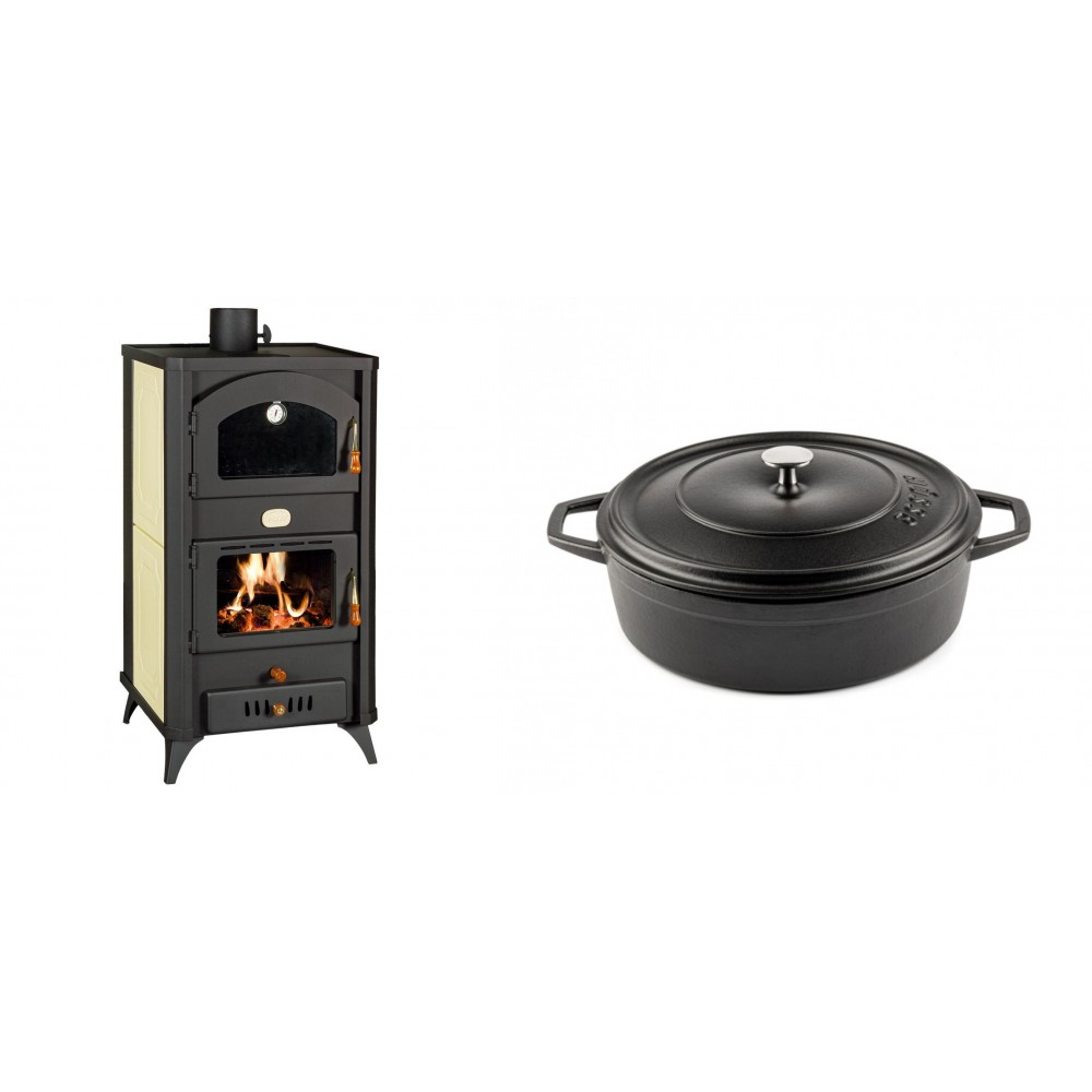 Set Kaminofen, Holzofen Wasserführend mit Backfach Prity, Modell FG W18 R, Leistung 23.4 kW + Gusseisen Topf Flach Solagio, Black Onyx, Ф26