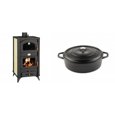 Set Kaminofen, Holzofen Wasserführend mit Backfach Prity, Modell FG W18 R, Leistung 23.4 kW + Gusseisen Topf Flach Solagio, Black Onyx, Ф26 - Kaminofen - Holzofen mit Backfach