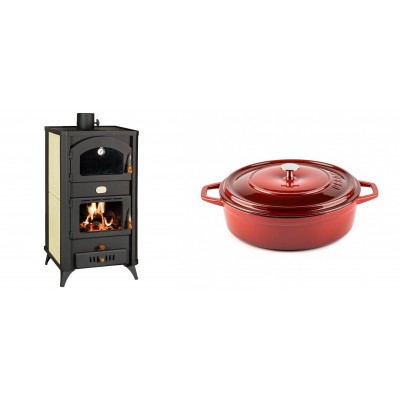 Set Kaminofen, Holzofen Wasserführend mit Backfach Prity, Modell FG W18 R, Leistung 23.4 kW + Gusseisen Topf Flach Solagio, Rubin, Ф26 - Kaminofen - Holzofen mit Backfach
