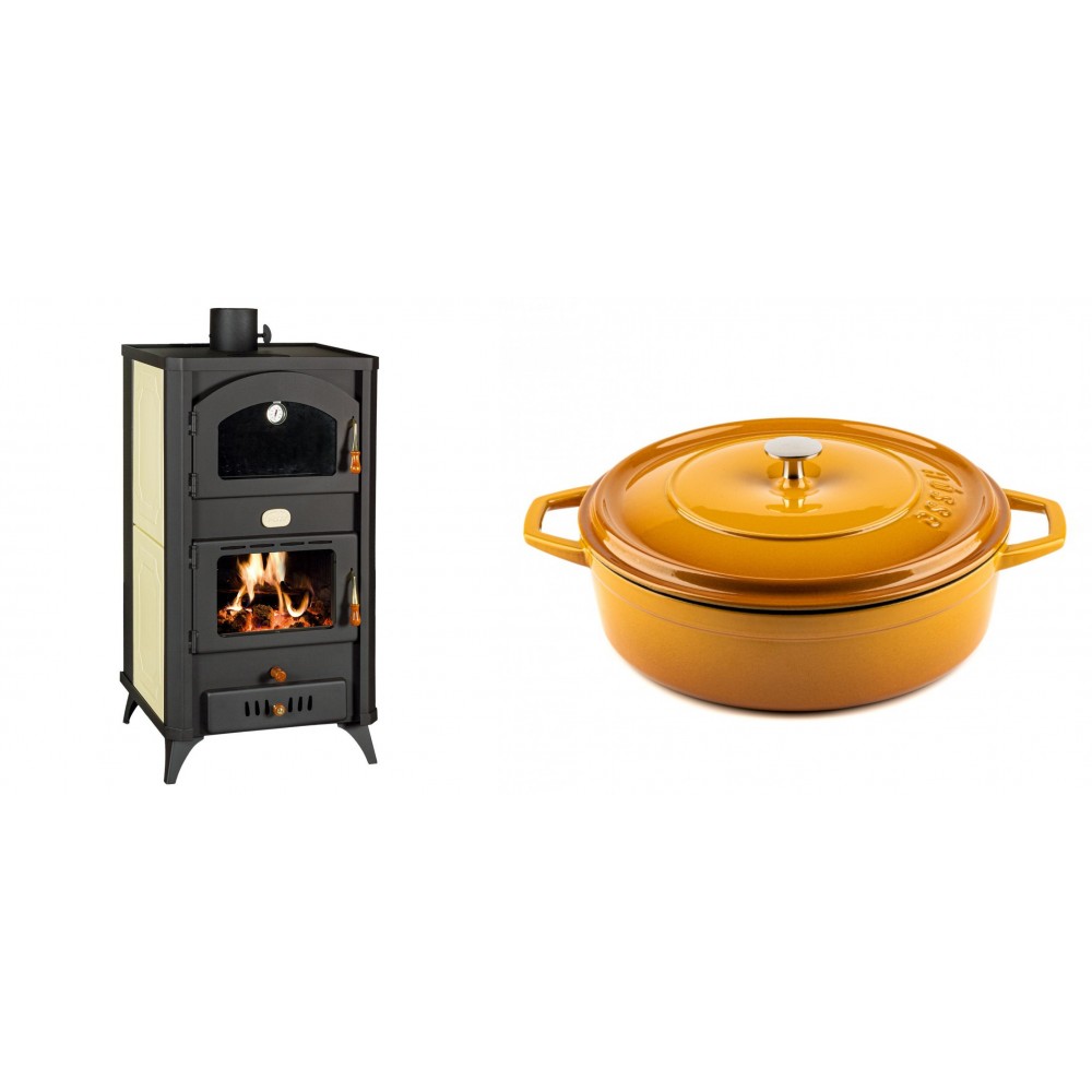 Set Kaminofen, Holzofen Wasserführend mit Backfach Prity, Modell FG W18 R, Leistung 23.4 kW + Gusseisen Topf Flach Solagio, Dijon, Ф28 | Wasserführender Kaminofen | Kaminofen |