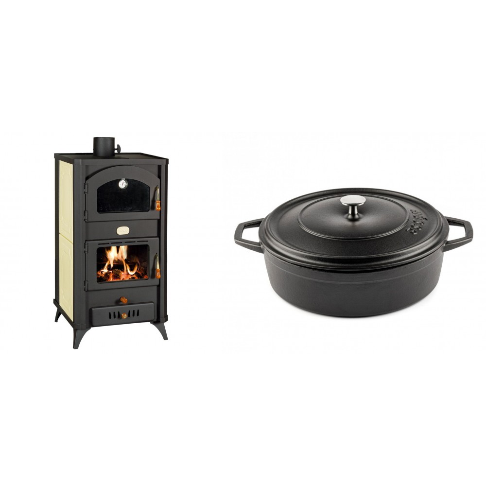 Set Kaminofen, Holzofen Wasserführend mit Backfach Prity, Modell FG W18 R, Leistung 23.4 kW + Gusseisen Topf Flach Solagio, Black Onyx, Ф28 | Wasserführender Kaminofen | Kaminofen |