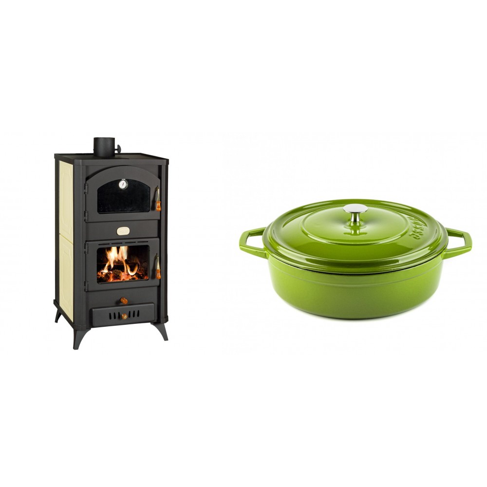 Set Kaminofen, Holzofen Wasserführend mit Backfach Prity, Modell FG W18 R, Leistung 23.4 kW + Gusseisen Topf Flach Solagio, Bamboo, Ф28 | Wasserführender Kaminofen | Kaminofen |