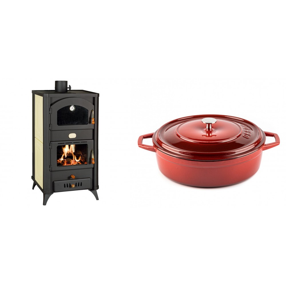 Set Kaminofen, Holzofen Wasserführend mit Backfach Prity, Modell FG W18 R, Leistung 23.4 kW + Gusseisen Topf Flach Solagio, Rubin, Ф28
