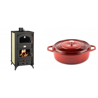 Set Kaminofen, Holzofen Wasserführend mit Backfach Prity, Modell FG W18 R, Leistung 23.4 kW + Gusseisen Topf Flach Solagio, Rubin, Ф28 - Kaminofen - Holzofen mit Backfach