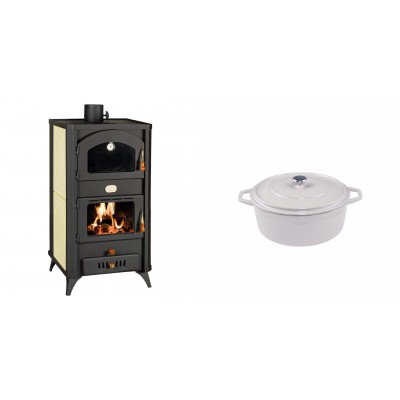 Set Kaminofen, Holzofen Wasserführend mit Backfach Prity, Modell FG W18 R, Leistung 23.4 kW + Gusseisen Topf Tiefer Solagio, Ivory, Ф12 - Kaminofen - Holzofen mit Backfach