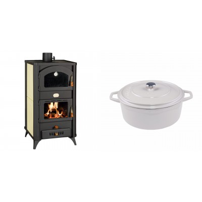 Set Kaminofen, Holzofen Wasserführend mit Backfach Prity, Modell FG W18 R, Leistung 23.4 kW + Gusseisen Topf Tiefer Solagio, Ivory, Ф24 - Kaminofen - Holzofen mit Backfach