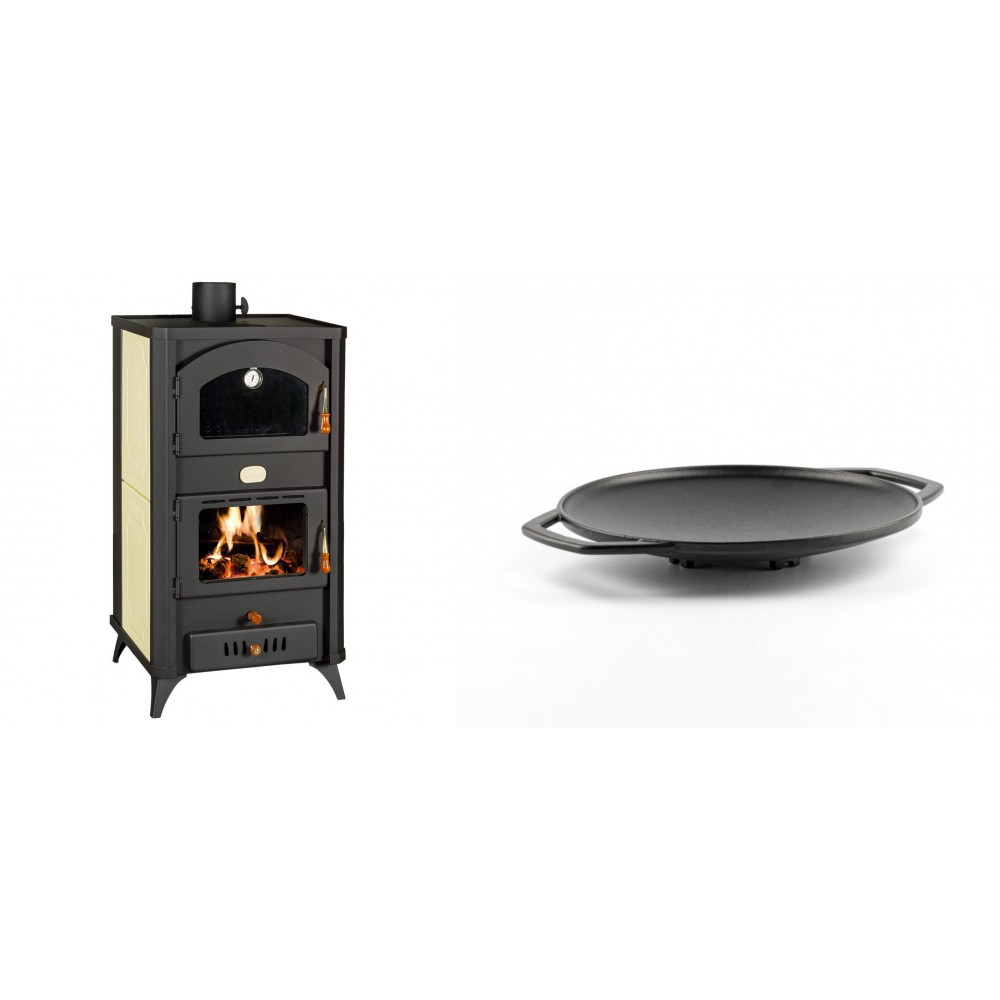 Set Kaminofen, Holzofen Wasserführend mit Backfach Prity, Modell FG W18 R, Leistung 23.4 kW + Backplatte aus Gusseisen Solagio, Ф28cm