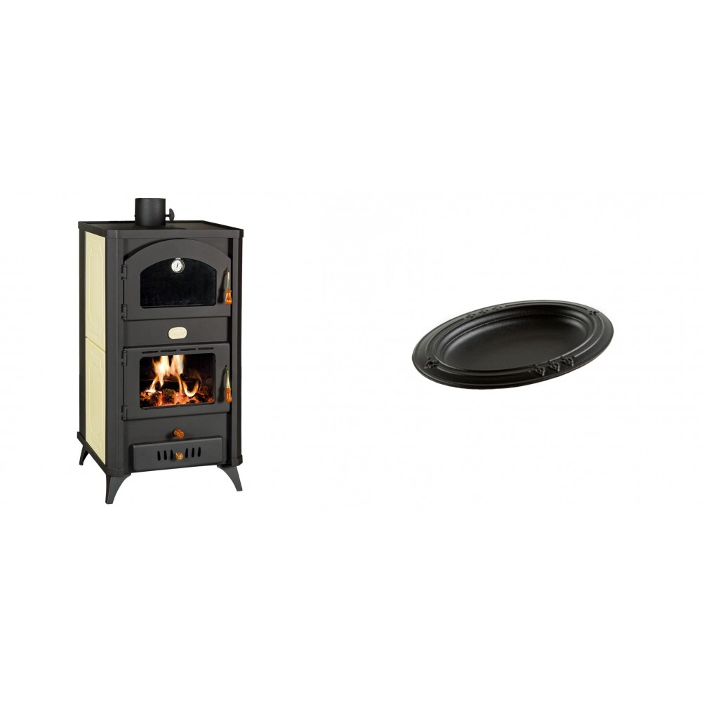 Set Kaminofen, Holzofen Wasserführend mit Backfach Prity, Modell FG W18 R, Leistung 23.4 kW + Gusseiserne auflaufform Solagio oval, 17x28cm