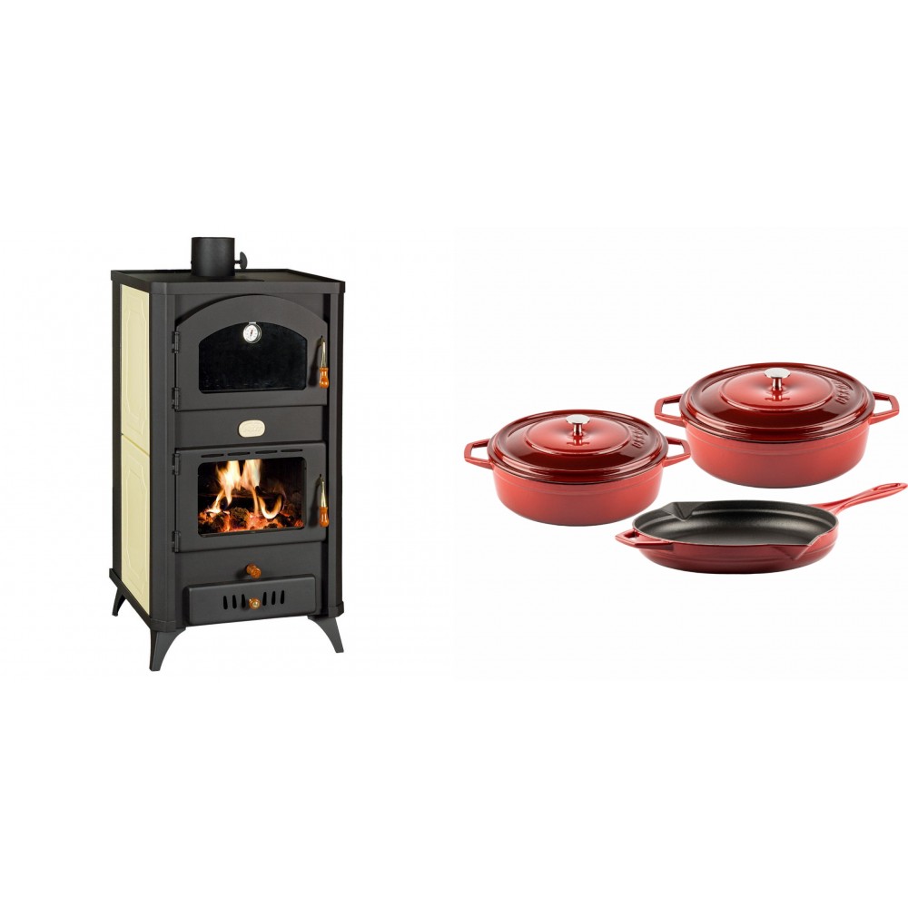 Set Kaminofen, Holzofen Wasserführend mit Backfach Prity, Modell FG W18 R, Leistung 23.4 kW + Gusseisen Topf Set aus 3 teilen Solagio, Rubin